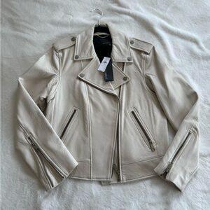 Banana Republic Cream Leather Jacket with Epaulettes and Waist Belt